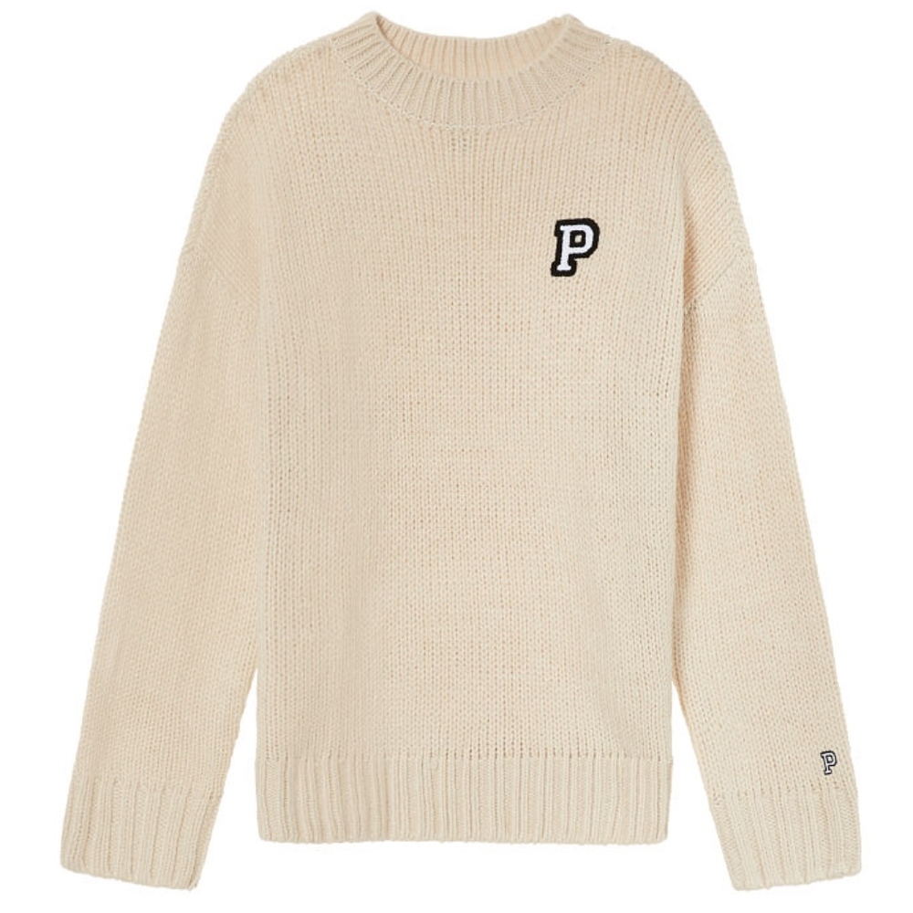 Victoria's Secret PINK Boyfriend Crew Neck Cozy Knit Sweater Oatmeal Large NEW